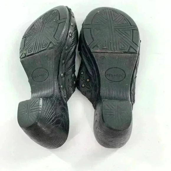 Pesaro womens clogs size 7 black leather studded floral slip on chunky mules - Picture 6 of 13